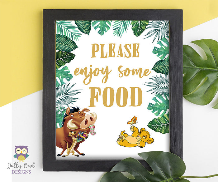Lion King Themed Baby Shower or Birthday Party Signs - Enjoy Some Food - Jolly Owl Designs