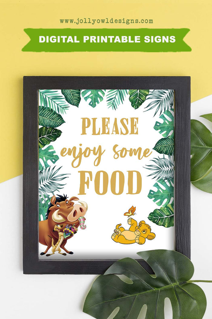 Lion King Themed Baby Shower or Birthday Party Signs - Enjoy Some Food - Jolly Owl Designs