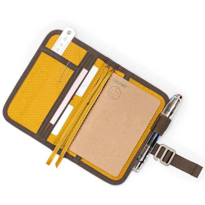Lochby Mini Field Journal Brown: waxed canvas cover, includes notebook, pen loop, ruler slot, card slots & zippered pockets.