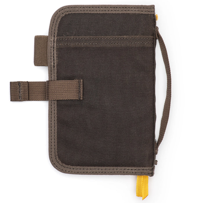 Lochby Mini Field Journal Brown: durable waxed canvas cover, carry handle, two straps, yellow pull tab—compact & stylish notebook.