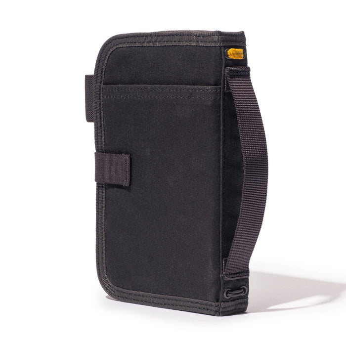 Lochby Mini Field Journal Bumblebee Charcoal: black zip pouch with yellow accent, handle; fits mini field journal inside.