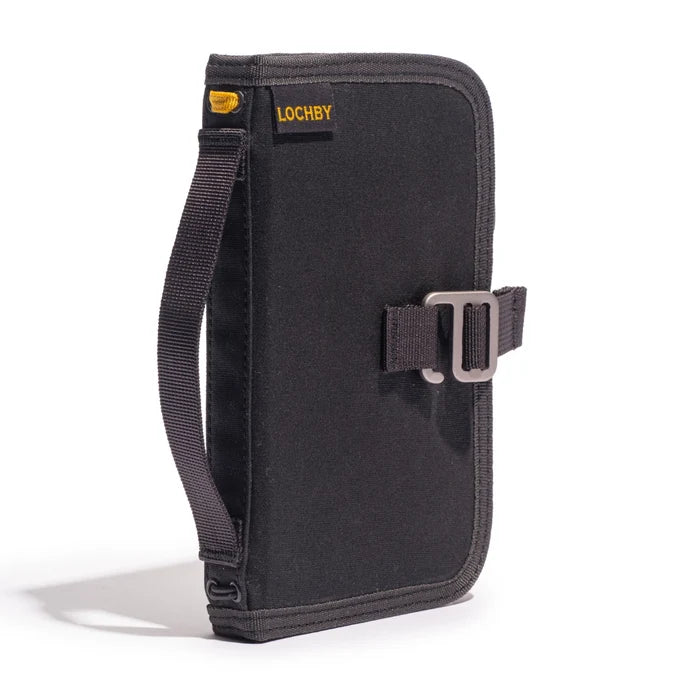 Lochby Mini Field Journal Bumblebee Charcoal displayed upright with handle, secure buckle, and vibrant yellow accent shown.