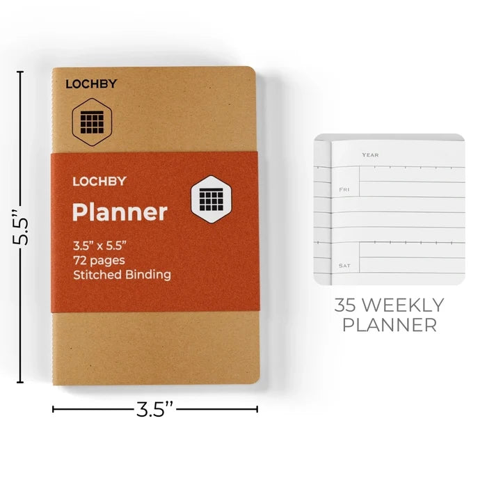 Lochby Tomoe River Pocket Notebook 3.5x5.5", 72 pages, fountain pen-friendly, stitched binding, weekly planner layout.