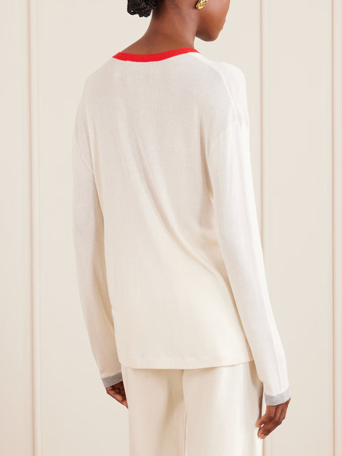 Long Sleeve Crew w/ Tipping - Ivory / Tomato