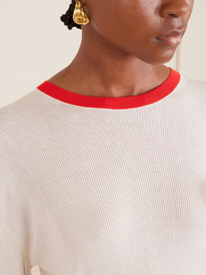 Long Sleeve Crew w/ Tipping - Ivory / Tomato