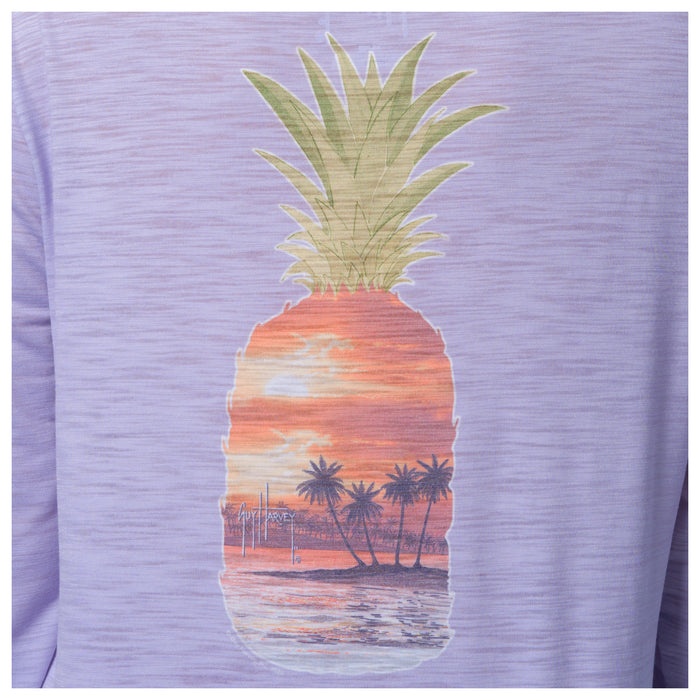 Pineapple design on a purple shirt with a sunset and palm tree scene