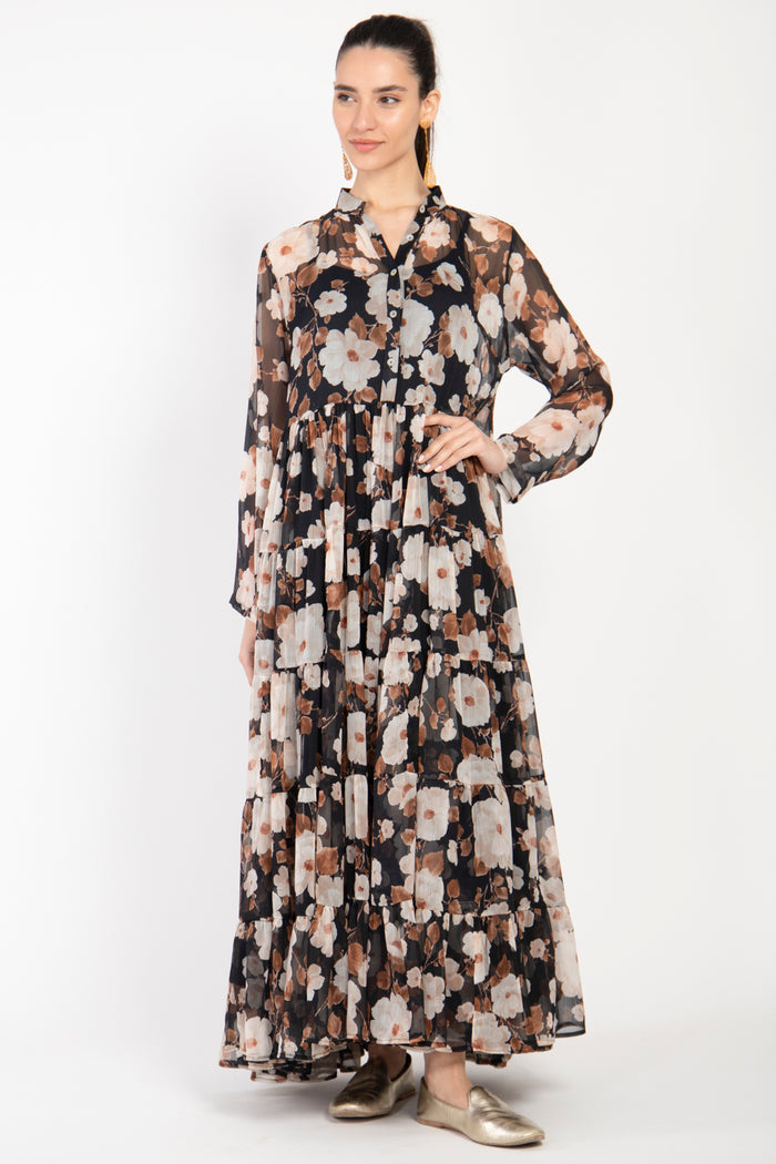 Louna Cotton Silk Tiered Floral Dress
