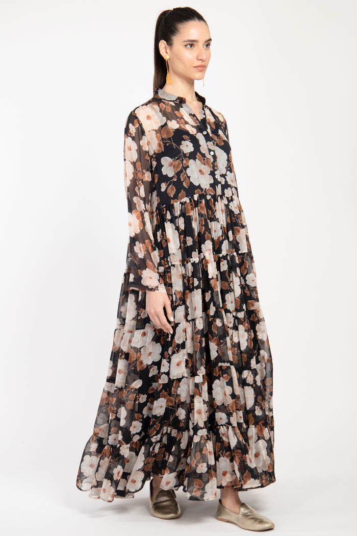 Louna Cotton Silk Tiered Floral Dress