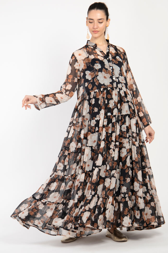 Louna Cotton Silk Tiered Floral Dress