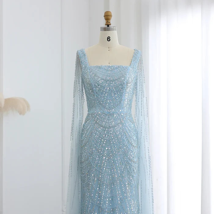Luxury Beaded Blue Mermaid Evening Dress with Cape Sleeves SS690