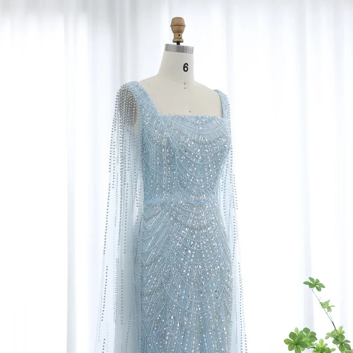 Luxury Beaded Blue Mermaid Evening Dress with Cape Sleeves SS690