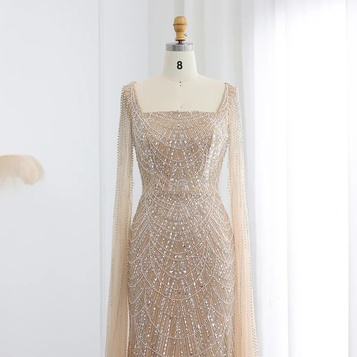 Luxury Beaded Blue Mermaid Evening Dress with Cape Sleeves SS690