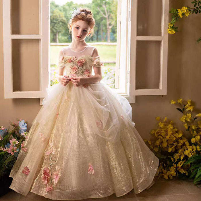 Luxury Gold Girl Dress with Flowers for kids Birthday Pageant Party J363