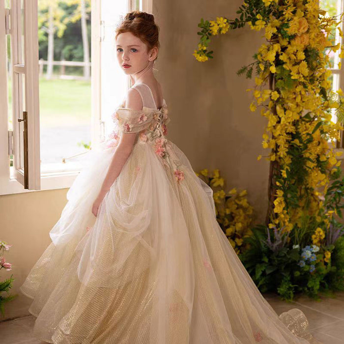 Luxury Gold Girl Dress with Flowers for kids Birthday Pageant Party J363