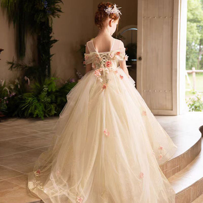 Luxury Gold Girl Dress with Flowers for kids Birthday Pageant Party J363