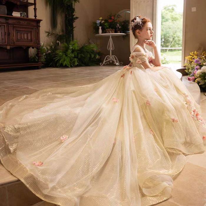 Luxury Gold Girl Dress with Flowers for kids Birthday Pageant Party J363