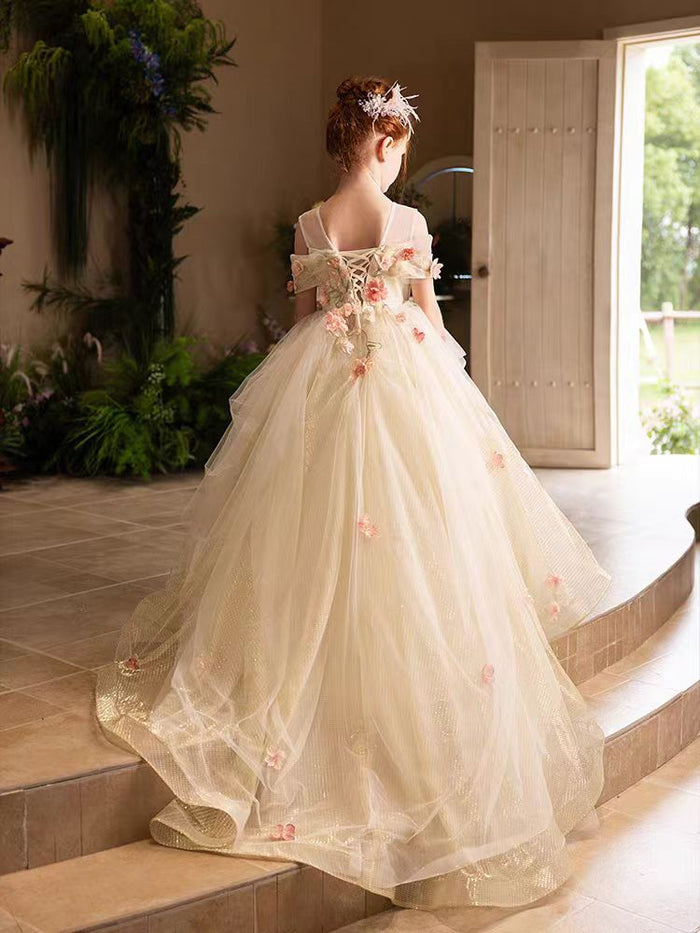 Luxury Gold Girl Dress with Flowers for kids Birthday Pageant Party J363