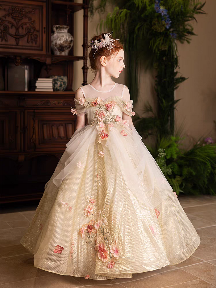 Luxury Gold Girl Dress with Flowers for kids Birthday Pageant Party J363
