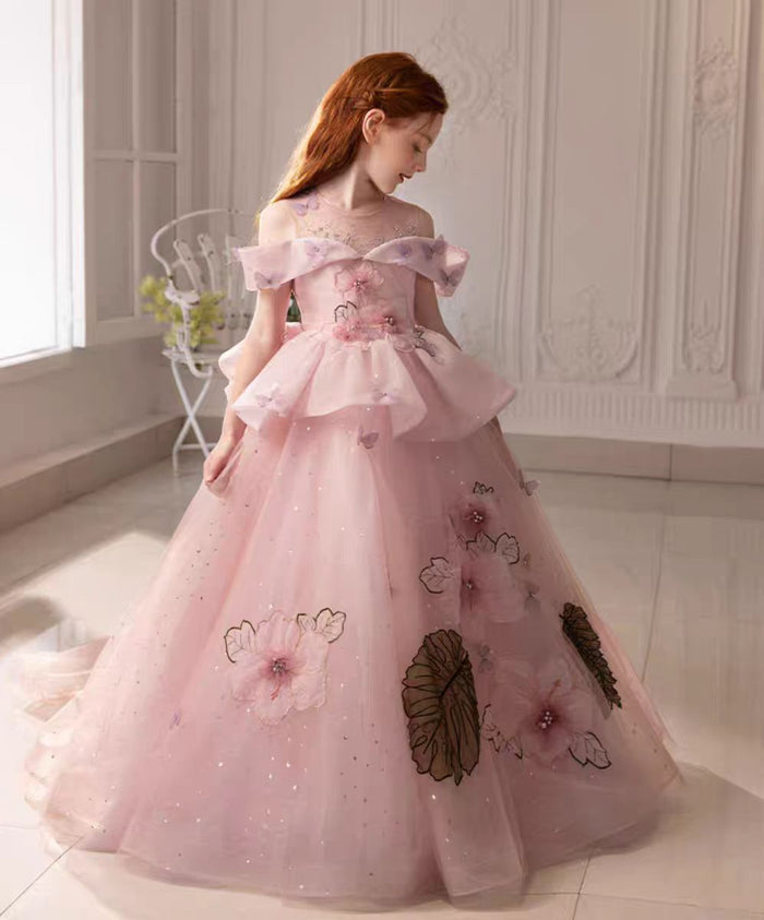 Luxury Pink Girl Dress with Flowers for kids Birthday Pageant Party J362