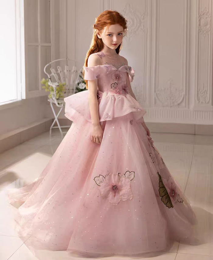 Luxury Pink Girl Dress with Flowers for kids Birthday Pageant Party J362