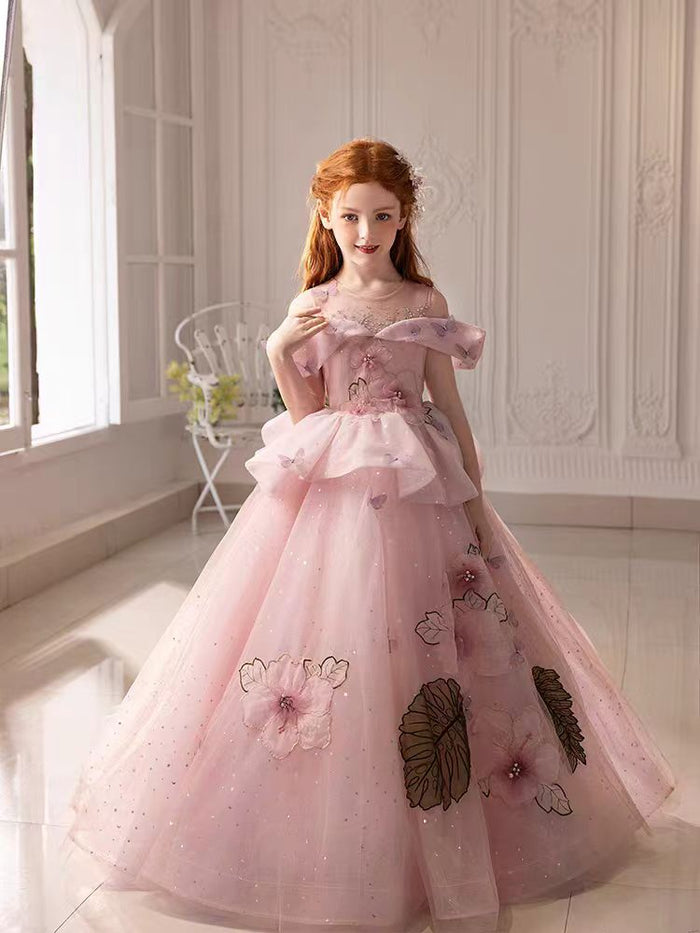 Luxury Pink Girl Dress with Flowers for kids Birthday Pageant Party J362
