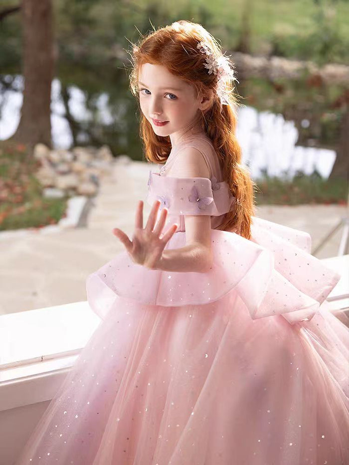 Luxury Pink Girl Dress with Flowers for kids Birthday Pageant Party J362