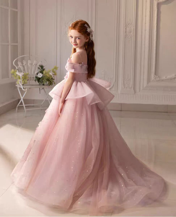 Luxury Pink Girl Dress with Flowers for kids Birthday Pageant Party J362