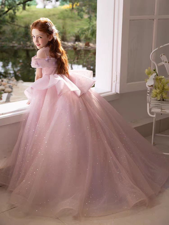 Luxury Pink Girl Dress with Flowers for kids Birthday Pageant Party J362