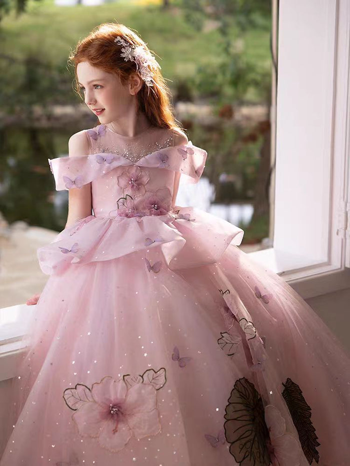 Luxury Pink Girl Dress with Flowers for kids Birthday Pageant Party J362