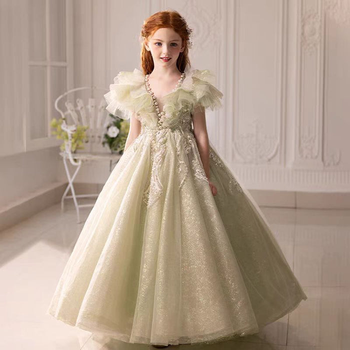 Luxury Sage Green Girl Dress Beaded for kids Birthday Pageant Party J360