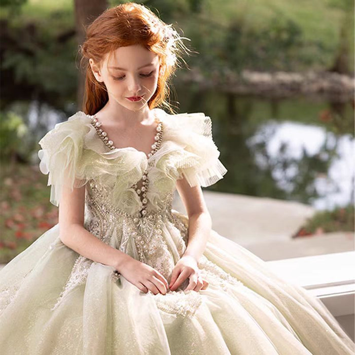 Luxury Sage Green Girl Dress Beaded for kids Birthday Pageant Party J360