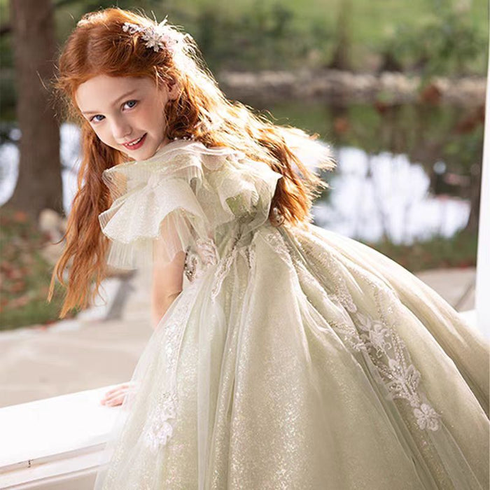 Luxury Sage Green Girl Dress Beaded for kids Birthday Pageant Party J360