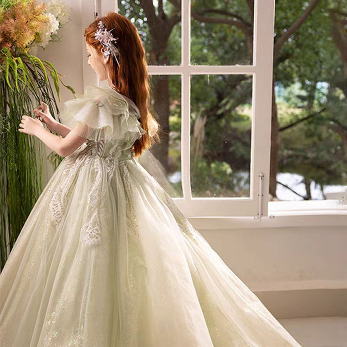 Luxury Sage Green Girl Dress Beaded for kids Birthday Pageant Party J360