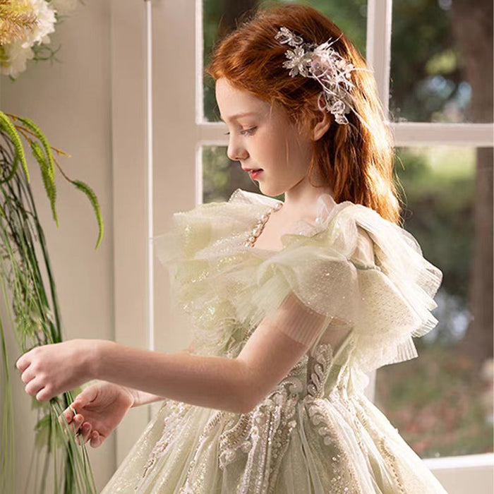 Luxury Sage Green Girl Dress Beaded for kids Birthday Pageant Party J360