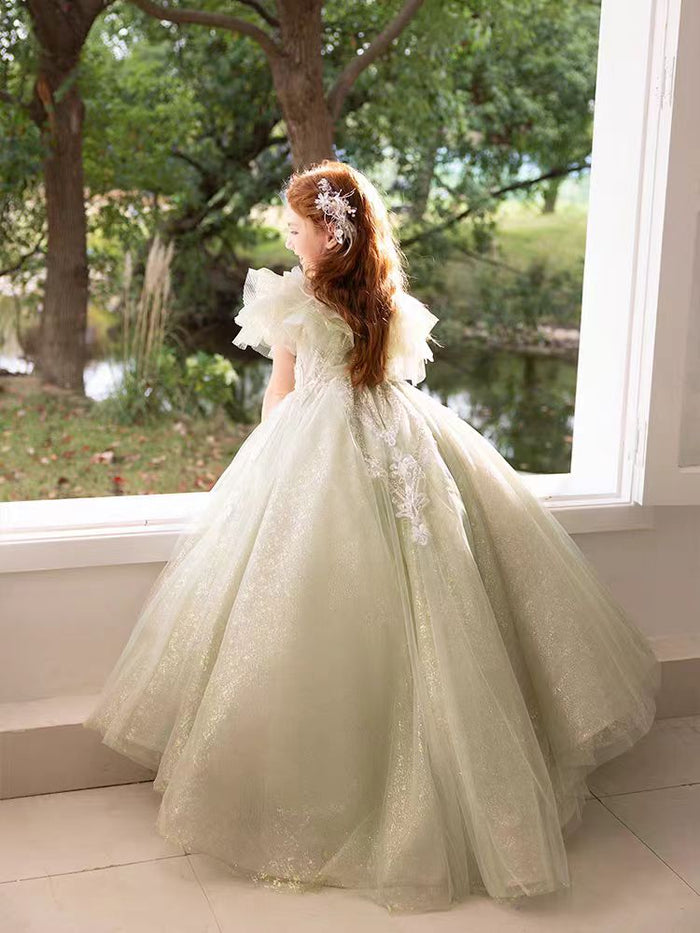 Luxury Sage Green Girl Dress Beaded for kids Birthday Pageant Party J360