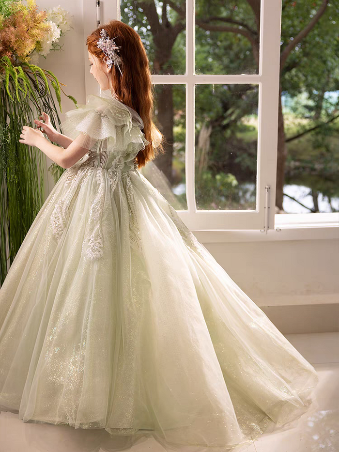 Luxury Sage Green Girl Dress Beaded for kids Birthday Pageant Party J360