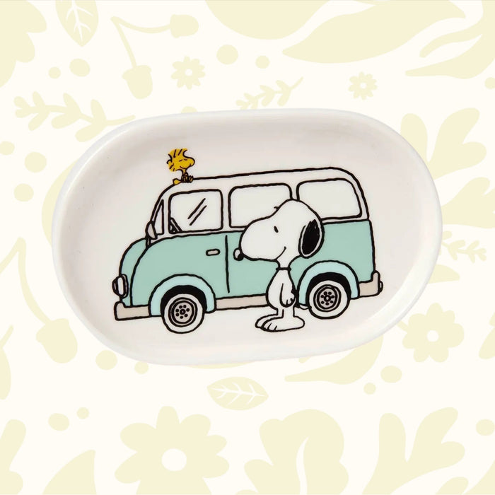 Forager Provisions LTD Magpie Peanuts oval porcelain trinket dish featuring Snoopy and Woodstock with a camper van