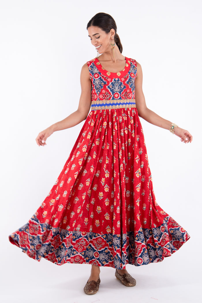 Mahrani Cotton Printed Red Flowers Dress