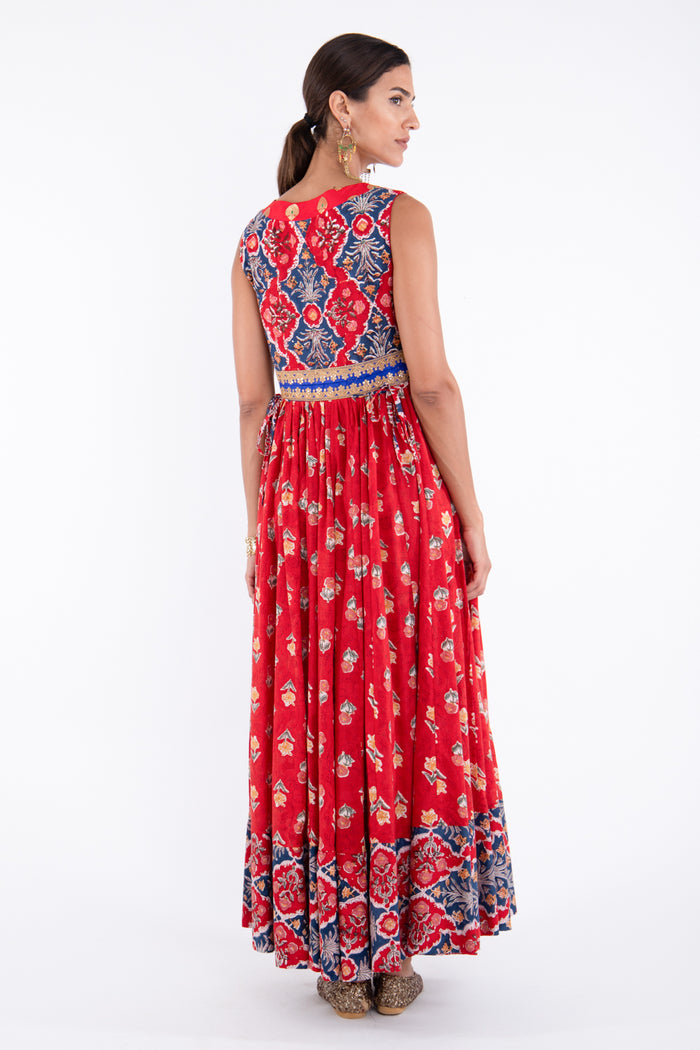 Mahrani Cotton Printed Red Flowers Dress
