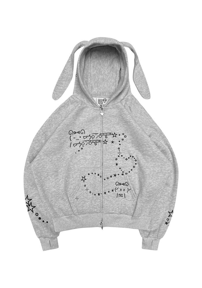 MALFUNCTION BUNNY ZIP HOODIE GREY MARL (DETACHABLE EARS)