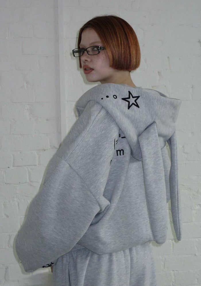 MALFUNCTION BUNNY ZIP HOODIE GREY MARL (DETACHABLE EARS)