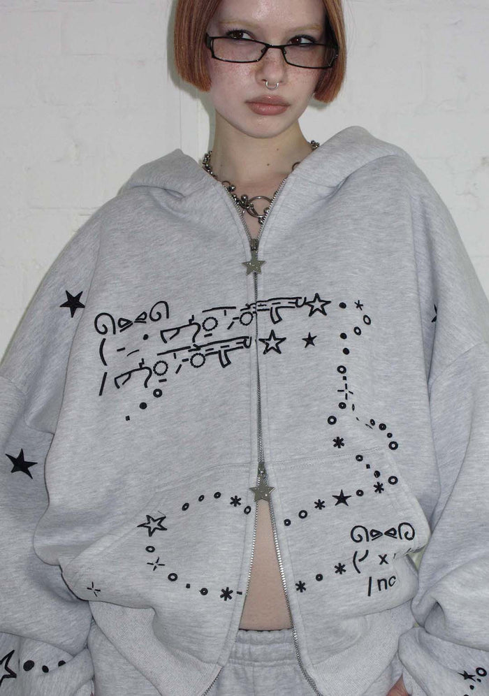 MALFUNCTION BUNNY ZIP HOODIE GREY MARL (DETACHABLE EARS)
