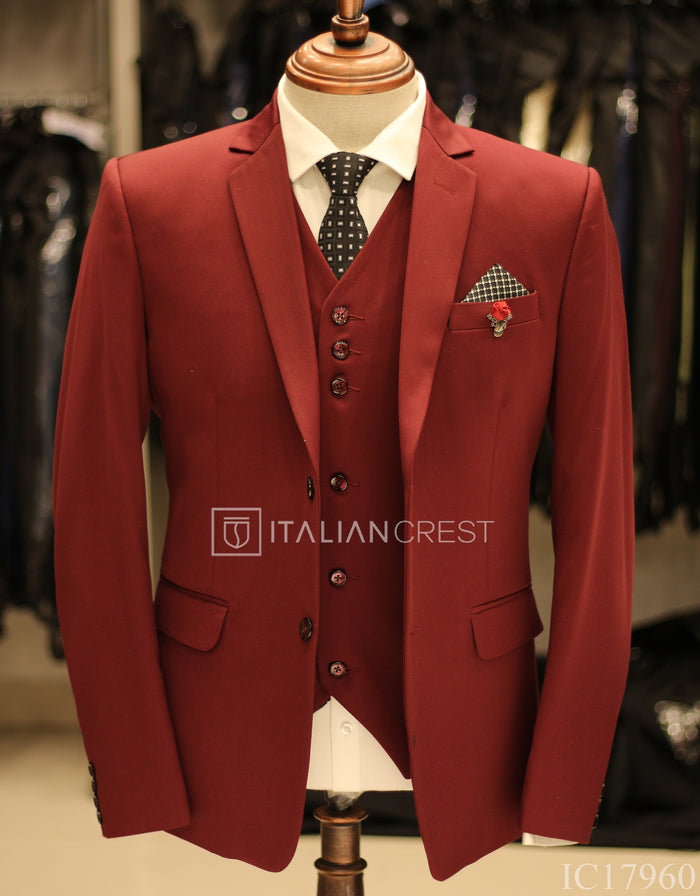 Maroon 3-Piece Notch Lapel Suit