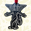 Forager Provisions LTD matte black birch plywood devil hanging decoration with silver outline and red velvet ribbon.