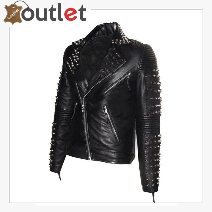 Men lamb leather studded jacket in soft black lambskin with silver studs, front view