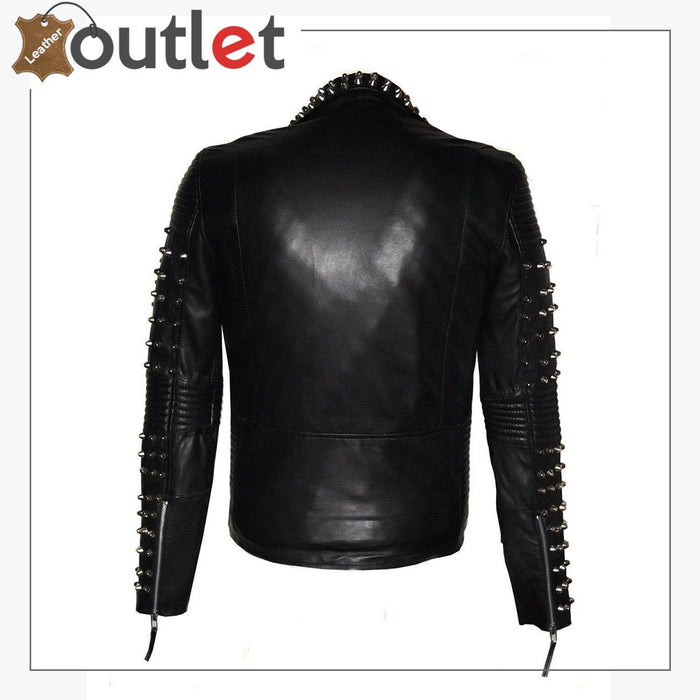 Side view of the lambskin studded biker jacket showing slim waist length fit