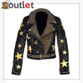 Men biker zipper golden studded leather jacket in black with gold-tone studs and multiple zips