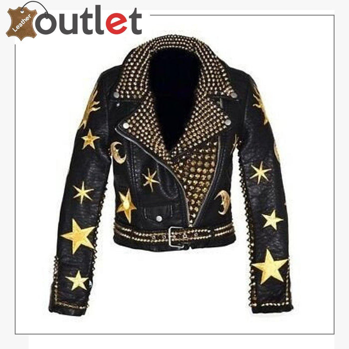 Men biker zipper golden studded leather jacket in black with gold-tone studs and multiple zips