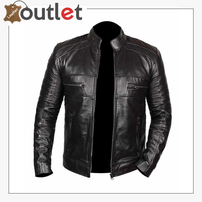 Men black stylish real leather biker motorcycle jacket, front view with asymmetric zip and snap lapels