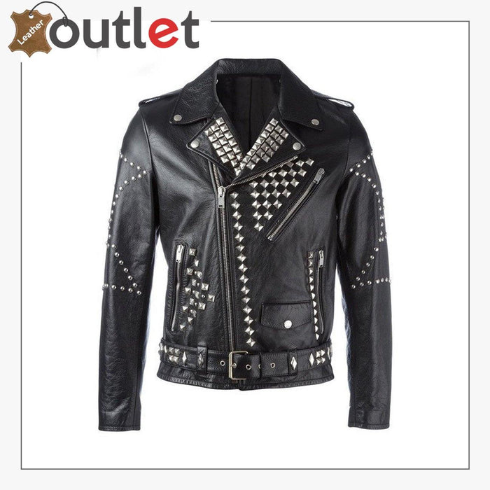 Men classic silver studded leather motorcycle jacket in black, front view with studded lapels